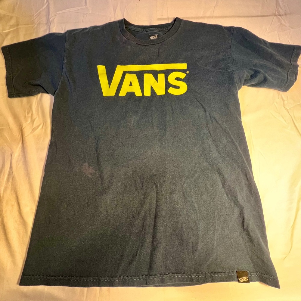 Vans Medium T-Shirt Navy Blue Yellow Logo Graphic Short Sleeve Tee Skater Grunge